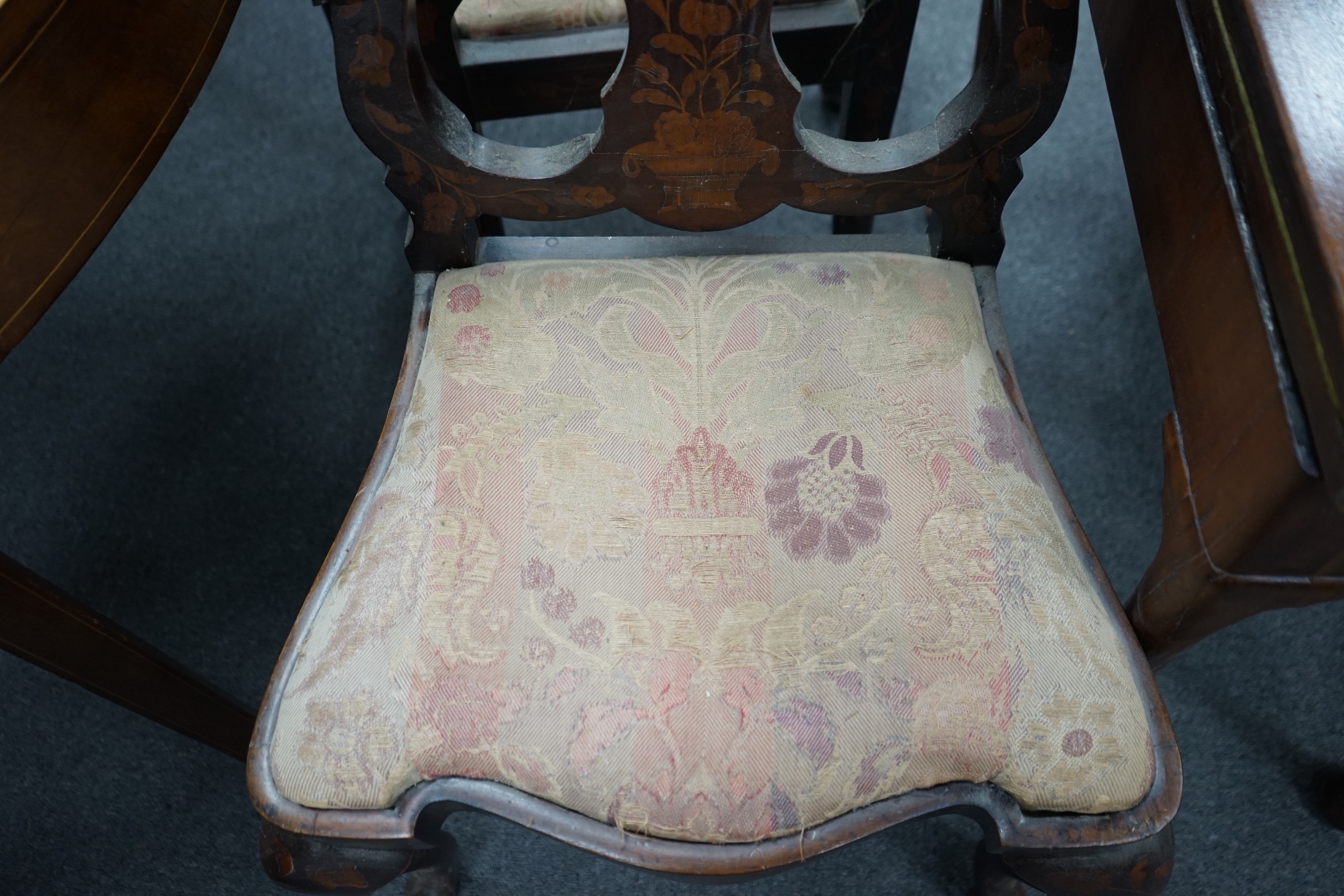 A pair of early 19th century Dutch floral marquetry walnut dining chairs, height 112cm